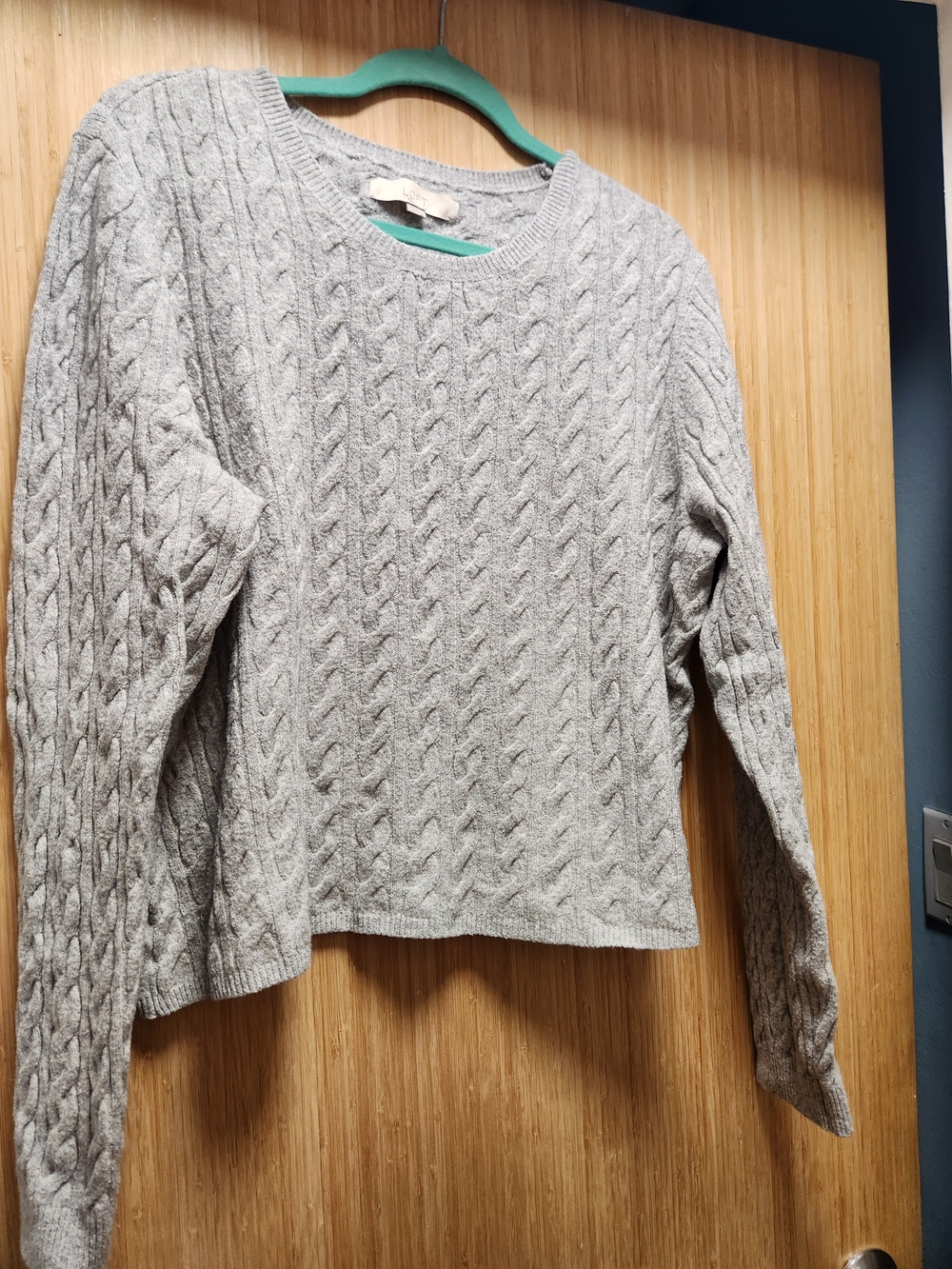 LOFT Cable Knit Crewneck Sweater Heather Grey Chunky Knit Pullover XL